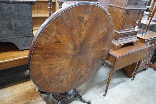 An mid 19th century yew wood circular centre table, diameter 104cm, height 71cm